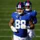 New York Giants tight end Evan Engram (88) takes the field before kickoff of an NFL Week 12 football game against the Cincinnati Bengals, Sunday, Nov. 29, 2020, at Paul Brown Stadium in Cincinnati.